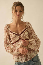 Load image into Gallery viewer, Floral Crepe Velvet-Trim Babydoll Peasant Top