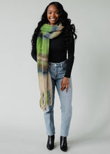 Load image into Gallery viewer, Tan, Blue &amp; Green Plaid Long Scarf with Fringe