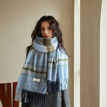Load image into Gallery viewer, Blue Plaid Faux Cashmere Scarf – Winter Warm