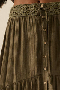 Stella Striped Lace-Trim Tiered Button-Front Maxi Skirt