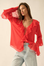 Load image into Gallery viewer, Sheer Chiffon Tie-Front Ruffled Poet Blouse