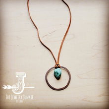 Load image into Gallery viewer, Leather Cord Necklace Antique Gold Hoop &amp; Natural Turquoise