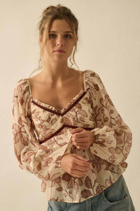 Floral Crepe Velvet-Trim Babydoll Peasant Top