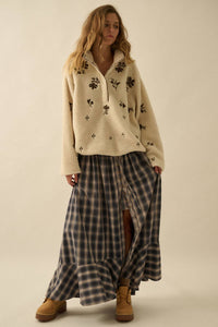 Plaid Flannel Button-Front Drawstring Maxi Skirt
