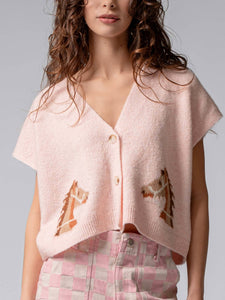 Western Horse V Neck Cropped Cardigan