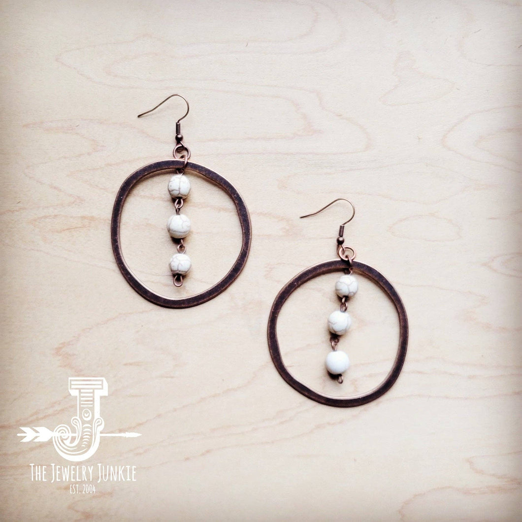 Western Copper Hoop Earrings w/ White Turquoise Beads 224g