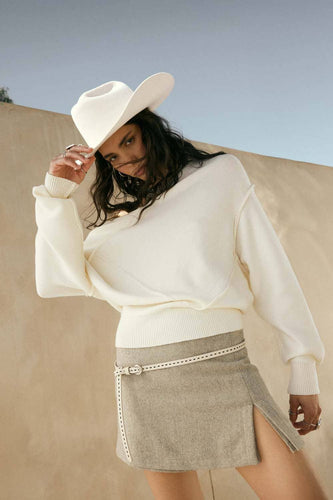Stella Solid Knit V-Neck Exposed-Seam Sweater
