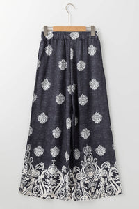 Black Boho Print Wide Leg Pants