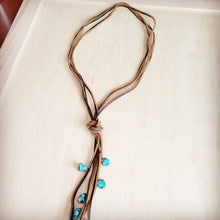 Load image into Gallery viewer, Rustic Knotted Leather Cord Necklace with Turquoise Accents