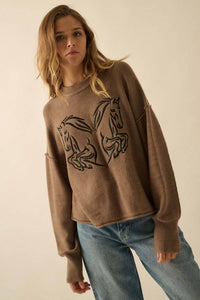 Embroidered Horses Solid Knit Exposed-Seam Sweater