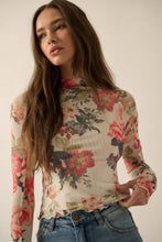 Load image into Gallery viewer, Floral-Print Mesh Mock-Neck Thumbhole Top
