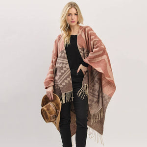Aztec Print Pattern Fringe Ruana
