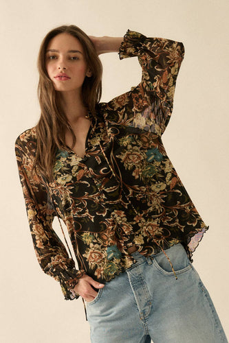 Cora Vintage Button Ruffle-Cuff Top