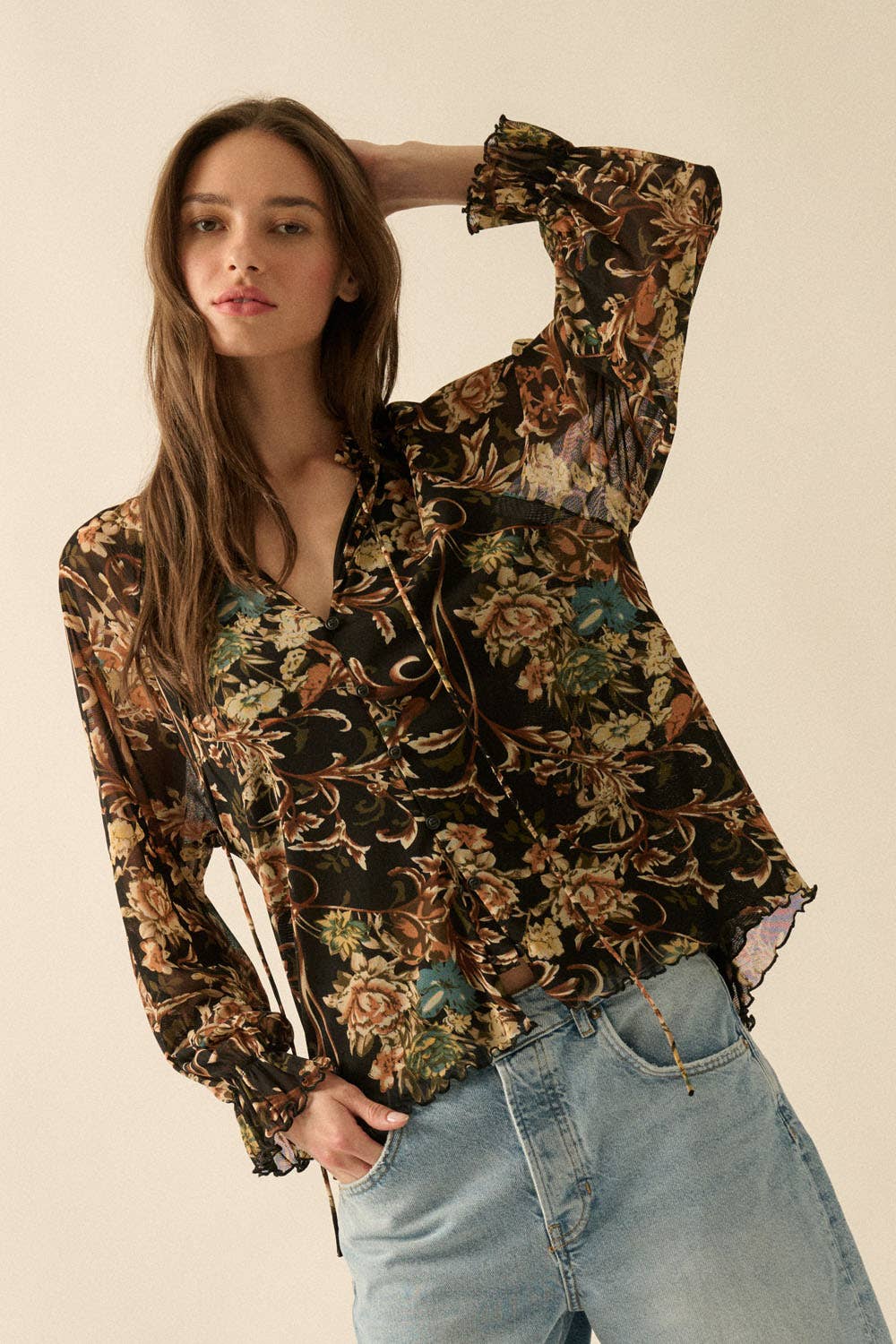 Cora Vintage Button Ruffle-Cuff Top