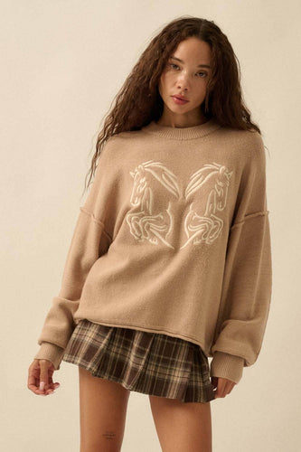 Embroidered Horses Solid Knit Exposed-Seam Sweater