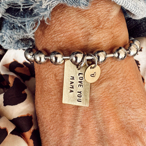 Hand Stamped LOVE YOU MAMA Bracelet, Stainless & Brass