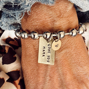 Hand Stamped LOVE YOU MAMA Bracelet, Stainless & Brass