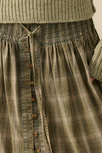 Plaid Flannel Button-Front Drawstring Maxi Skirt