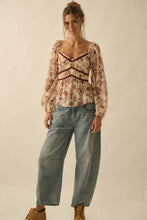 Load image into Gallery viewer, Floral Crepe Velvet-Trim Babydoll Peasant Top