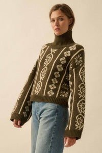 Flora Jacquard Fuzzy Mock-Neck Sweater