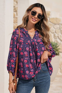 LDC Purple Floral Half Sleeve Split Neck Blouse Top