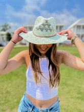 Load image into Gallery viewer, Horseshoe Lace Knit with Braided Suede Trim C.C Panama Hat K
