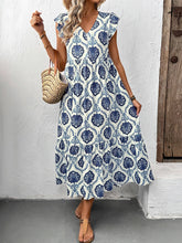 Load image into Gallery viewer, Boho Flutter Sleeve Floral Print V-Neck Midi Dress