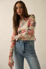 Load image into Gallery viewer, Floral-Print Mesh Mock-Neck Thumbhole Top