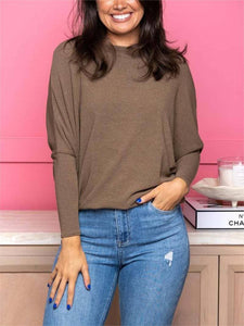 Casual Plain Crewneck Batsleeved Stretch Knit Top