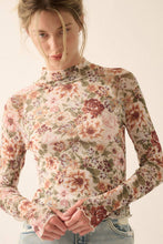 Load image into Gallery viewer, Floral Mesh Lettuce-Edge Thumbhole High-Neck Top