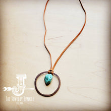 Load image into Gallery viewer, Leather Cord Necklace Antique Gold Hoop &amp; Natural Turquoise