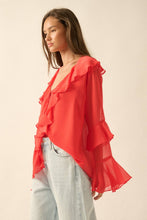 Load image into Gallery viewer, Sheer Chiffon Tie-Front Ruffled Poet Blouse