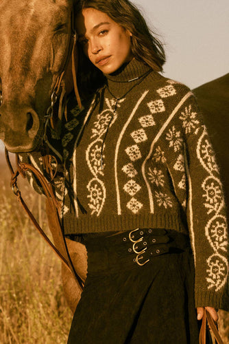 Flora Jacquard Fuzzy Mock-Neck Sweater