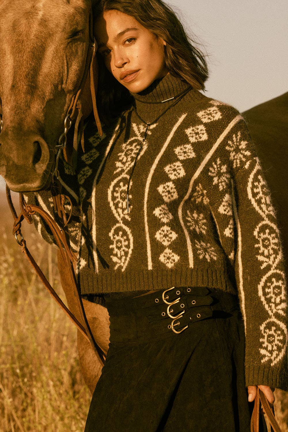 Flora Jacquard Fuzzy Mock-Neck Sweater