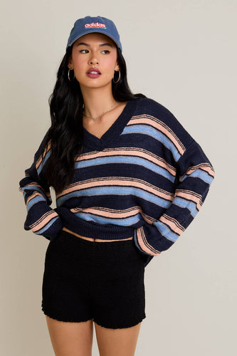 KITTY V-NECK FUZZY STRIPED LONG SLEEVE OVERSIZED SWEATER