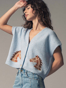 Western Horse V Neck Cropped Cardigan