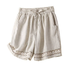 Load image into Gallery viewer, Floral crochet lace patchwork cotton linen shorts