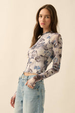 Load image into Gallery viewer, Floral Mesh Raglan-Sleeve Mock-Neck Thumbhole Top