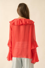 Load image into Gallery viewer, Sheer Chiffon Tie-Front Ruffled Poet Blouse