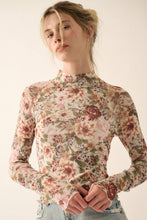 Load image into Gallery viewer, Floral Mesh Lettuce-Edge Thumbhole High-Neck Top