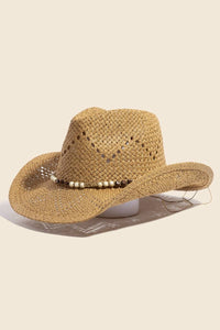 Mixed Beaded Strap Western Fedora Straw Hat