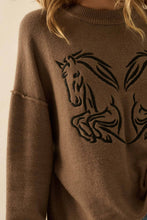 Load image into Gallery viewer, Embroidered Horses Solid Knit Exposed-Seam Sweater