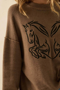 Embroidered Horses Solid Knit Exposed-Seam Sweater