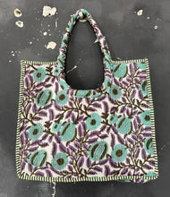 Load image into Gallery viewer, Boho Quilted Cotton Tote Bag Teal Grey