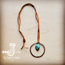 Load image into Gallery viewer, Leather Cord Necklace Antique Gold Hoop &amp; Natural Turquoise