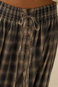 Plaid Flannel Button-Front Drawstring Maxi Skirt
