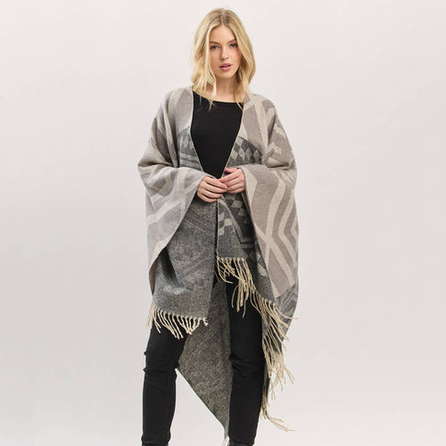 Aztec Print Pattern Fringe Ruana
