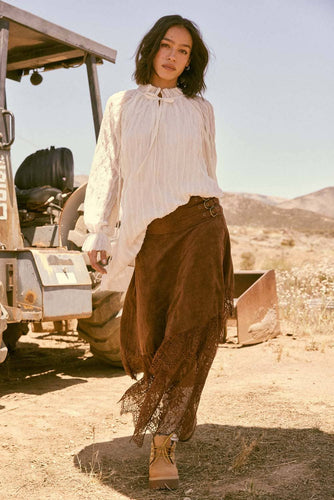 Boho Faux Suede and Lace Buckled-Waist Maxi Skirt