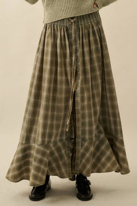 Plaid Flannel Button-Front Drawstring Maxi Skirt