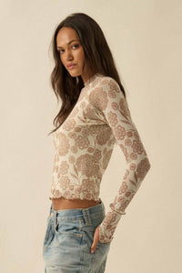 Toby Floral Print Mesh Mock-Neck Raglan Top